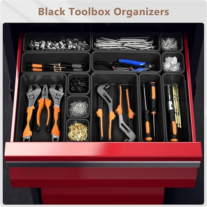 A-LuGei【X-Large Size【5 Pcs】 Tool Box Organizer Tray Divider【Single Size】 Black Plastic Desk Drawer Organizer Garage Organization for Wrench Plier Hammer Bit Socket Extension Screwdriver Bolt Hex key - size: 5pcs-XL Size