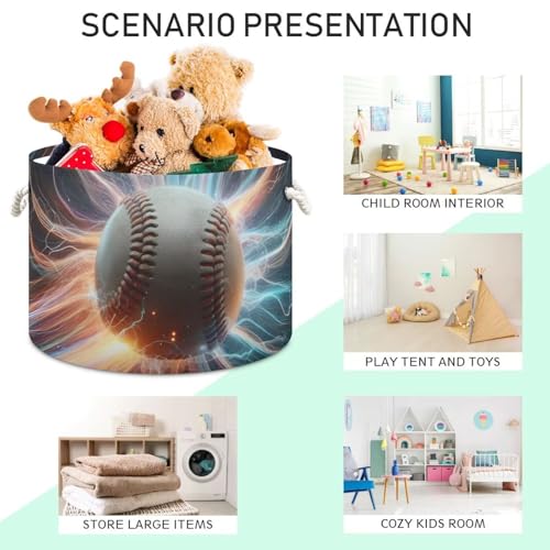 Baseball Print Round Storage Basket Sport Lightning Ball Large Laundry Hamper 20 x 20 x 14 Inches Organizer Bin with Cotton Rope Handles Clothes Storage Bag for Nursery Bedroom Living Room Decor - color: White and Red