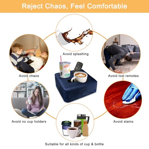 Couch Cup Holder Pillow Tray & Caddy - for Sofa, Bed, Car, Man Cave | Keep Drinks at Hand & Spill-Proof Accessories for New Parents, Camping, Park, Boat, Beach - Navy Blue - color: Navy Blue, size: 9.4" x 9.4" x 3.9"