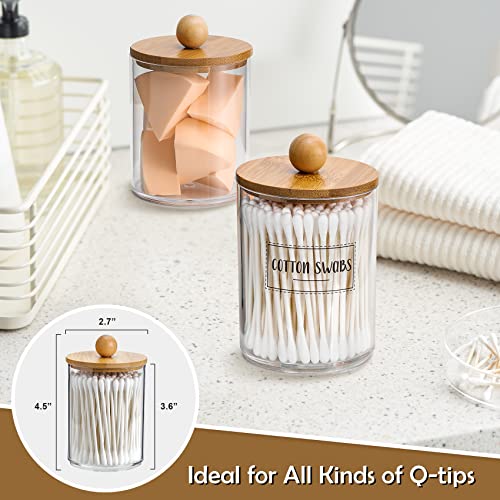 3 Pack Qtip Holder Dispenser with Bamboo Lids - 10 oz Clear Plastic Apothecary Jar Containers for Vanity Makeup Organizer Storage - Bathroom Accessories Set for Cotton Swab, Ball, Pads, Floss - size: 3 Pack of 10 oz
