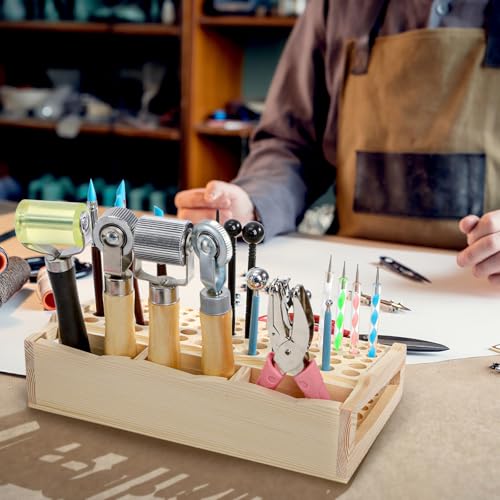 Acshio Leather Craft Tool Holder, 98 Holes Wooden Desktop Leather Working Tools Organizer with 3 Slots, Professional Large Making Punch Tools Rack Stand Storage Box for Brushes, Craft Tools