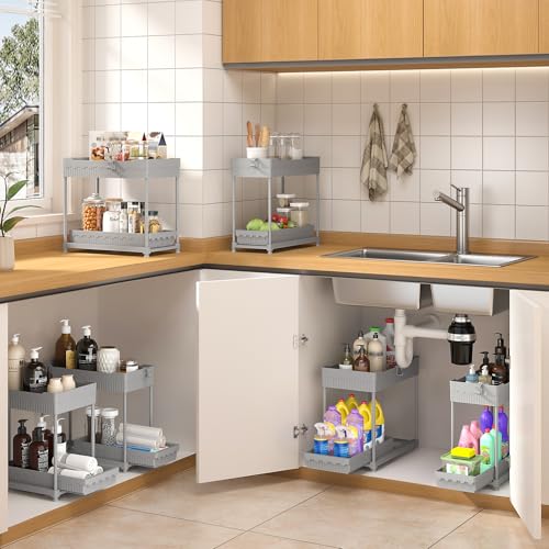 Sevenblue 3 Pack Under Sink Organizers, 2-Tier Multi-Use Kitchen and Bathroom Organizers and Storage with Sliding Drawers, Bathroom Cabinet Organizer (Gray, 12.8 Inch) - color: Gray, size: 12.8 Inch