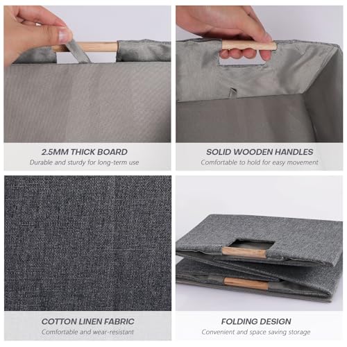 Fabric Storage Bin Box Foldable Collapsible Storage Basket with Wooden Handles Rectangular Cube Decorative Home Nursery Organizer Clothes Blanket Container – Grey, Medium - color: Grey, size: Medium