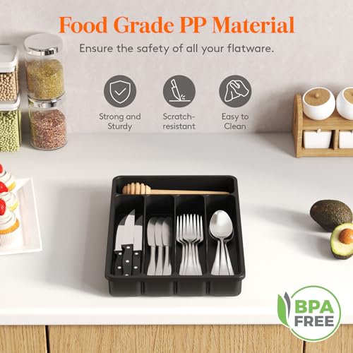 Lifewit Silverware Drawer Organizer Tray, Plastic Cutlery Storage for Kitchen, Flatware and Utensil Holder Divider for Spoons Forks Knives Tableware, 9.1 x 12.6", 5 Slots, Black - color: Black, size: 9.1 x 12.6 inch (5 Slots)