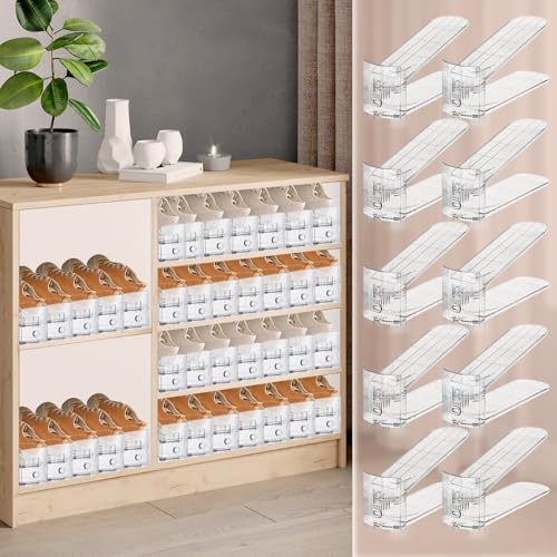 FENRUNXU Transparent Shoe Slots Organizer for Closet, 20 Pack Shoe Stacker Organizer for Closet Shoe Display Space Saver,Adjustable Shoe Rack Organizer Holder for High Heels,Sneakers(Transparent) - color: Transparent, size: 20 Pack