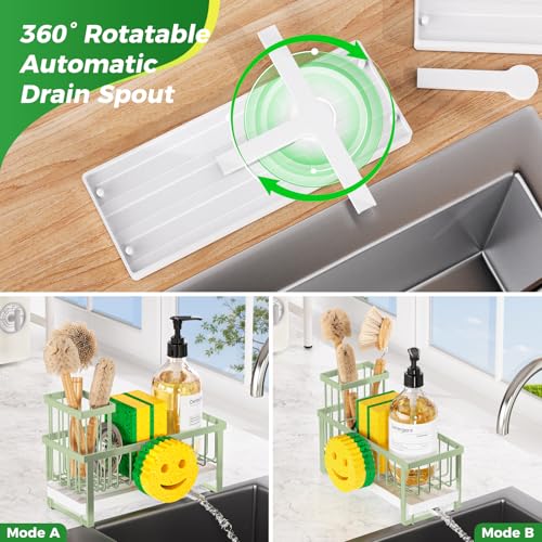 Sponge Holder for Kitchen Sink,Sink Caddy with Removable Dish Brush Holder,Self-Draining Kitchen Countertop Organizers and Storage Essentials,Soap Dispenser Organize and Home Decor-Green - color: 1 Tier Green-Tray