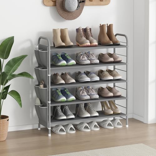 SUOERNUO Shoe Rack Storage Organizer 5 Tier Free Standing Metal Shoe Shelf Shoe Organizer with Side Shoes Pockets for Entryway Closet Bedroom, Grey - color: Grey, size: 5 Tier