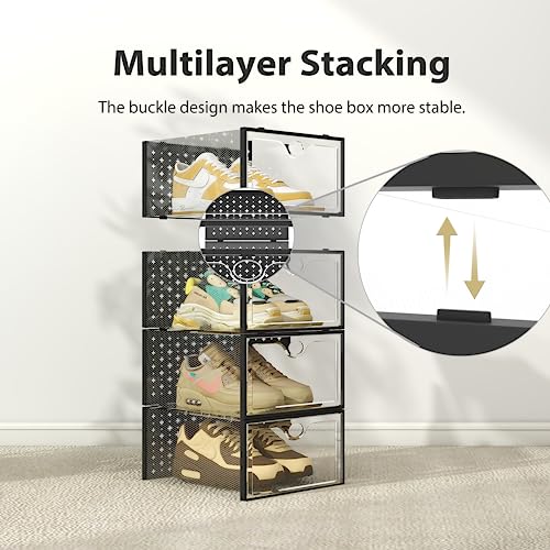 Pinkpum 12 Pack XXL Shoe Storage Box Fit for Size 14, Clear Plastic Stackable Shoe Organizer for Closet, Shoe Containers Sneaker Storage Clear and Black - color: Black, size: 12 Pack XX-Large