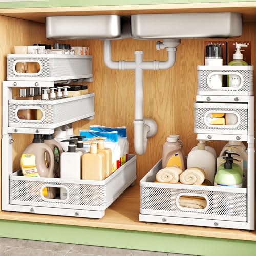 Kitstorack Under Sink Organizer, 1-Pack 3-Tier Height Adjustable Thickened Metal Pull out Cabinet Organizer Shelf, Slide out Storage Drawer Rack for Bathroom Kitchen Pantry Home Laundry Organization - color: White, size: 1 Pack