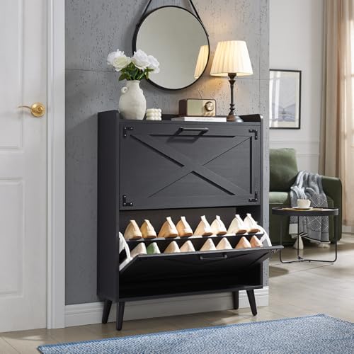 Barnyatoh Shoe Storage Cabinet, Farmhouse Shoe Organizer with 2 Flip Drawers & Barn Door Design, Freestanding Hidden Slim Narrow Shoe Rack Cabinet for Entryway, Foyer, Hallway, Black - color: Black, size: 2-Drawers