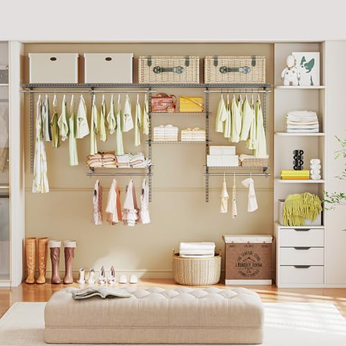 Tangkula 4 to 8 FT Custom Closet System, Wall Mounted Closet with Hanging Rod, Metal Hanging Storage Organizer Rack Wardrobe with Shelves, Adjustable Closet System Kit for Bedroom (Gray) - color: Gray, size: 4 to 8 FT