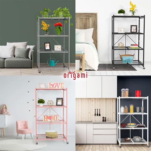 Origami 3 Pack 4 Tier Foldable Metal Garage Storage Shelf Rack, Wheels & Powder Coated Steel, Black - color: Black, size: 3-Pack