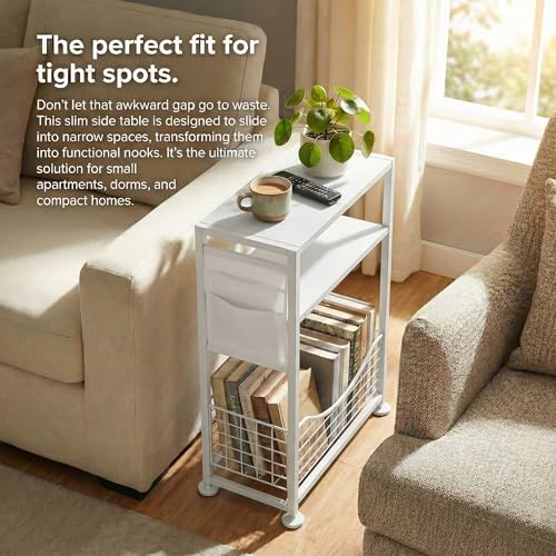 Skinny Side Table with Storage, 3 Tier Slim Side Tables for Small Spaces, Skinny End Table Narrow Bedside Table Narrow Side Table for Living Room, Bedroom - color: White