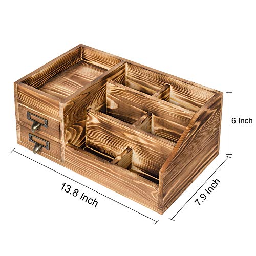 Liry Products Rustic Wooden Desktop Organizer Office Supplies Brown Tabletop Storage Cabinet Stepped Rack Multiple Compartments 2 Tier Drawers Makeup Accessory Jewelry Sorter Display Box Home Office - color: Brown