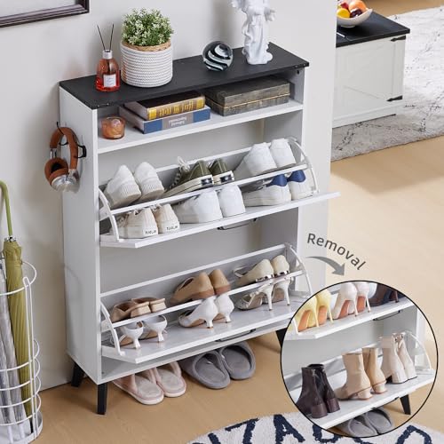 Joaxswe Shoe Cabinet Storage for Entryway with 2 Flip Drawers 2 Hook Open Storage Layer Rack Narrow Organizer Slim Hidden Wood Shoe Cabinet Furniture White - color: White