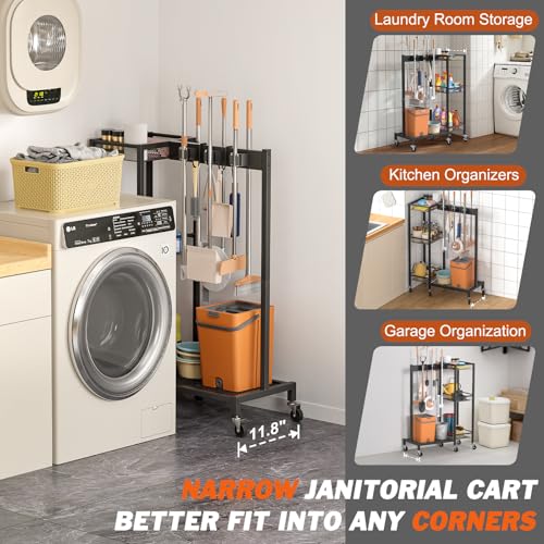 Broom Holder with Cleaning Supplies Organizer, Broom Closet Storage Cabinet with Cleaning Caddy, Cleaning Cart with Mop Hanger Gripper Rack Hooks,Janitorial Cart,Utility Carts Household Essentials - size: Medium