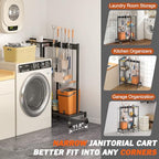 Broom Holder with Cleaning Supplies Organizer, Broom Closet Storage Cabinet with Cleaning Caddy, Cleaning Cart with Mop Hanger Gripper Rack Hooks,Janitorial Cart,Utility Carts Household Essentials - size: Medium