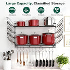 Housolution Pot Rack Wall Mounted, 22''-30'' Length Expandable, 3 Level Height Adjustable, 2 Tier Heavy Duty Hanging Cookware Pan Organizer with 12 Hooks and 8 Lid Holders - color: Black, 2 Tiers