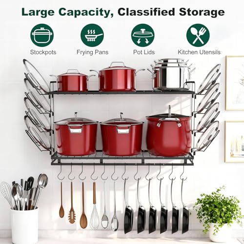 Housolution Pot Rack Wall Mounted, 22''-30'' Length Expandable, 3 Level Height Adjustable, 2 Tier Heavy Duty Hanging Cookware Pan Organizer with 12 Hooks and 8 Lid Holders - color: Black, 2 Tiers