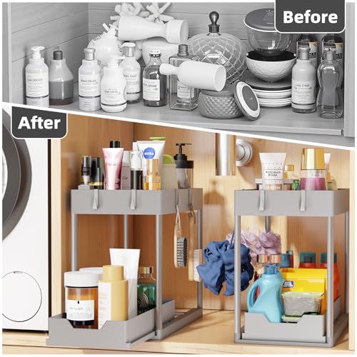 Simple Trending Under Sink Organizer 2 Pack, Sink Pull-Out Sliding Storage Cabinet, 2-Tier Under Shelf Organizer for Kitchen Bathroom, Grey - color: Grey, size: 2 pack