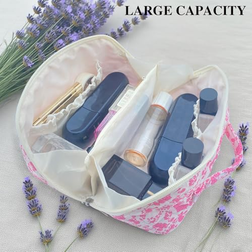 Pink Large Quilted Floral Makeup Bag Cute Coquette Aesthetic Cosmetic Bag Open Flat Travel Toiletry Make up Bag for Women - color: C-lay flat pink