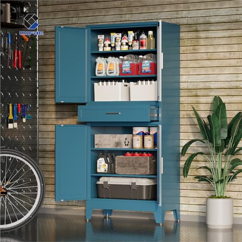COFaR 71 in Tall Kitchen Pantry Cabinet with Drawer, Metal Pantry Storage Cabinet with 4 Adjustable Shelves and 4 Barn Doors, Freestanding Farmhouse Food Cupboard for Dining Room, Peacock Blue 6-Tier - color: Peacock Blue, size: 71 Tall 4 Doors 1 Drawer-F