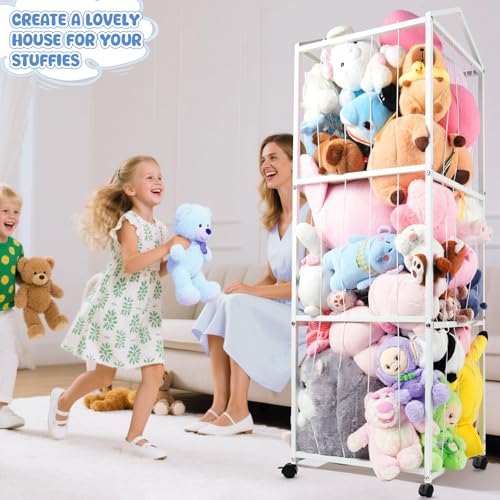 NomNest Stuffed Animal Storage Zoo, Large Carbon Steel Plushies Organizer, Heavy Duty Metal Teddy Bear Toy Holder with Wheels for Kids' Bedroom & Playroom & Nursery (Wheeled, White) - color: Wheeled, White