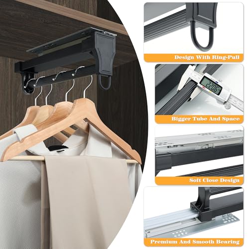 Alise Pull Out Clothes Hanger Rack for Closet,Heavy Duty Closet Rod with Automatic Soft-Close Mechanism for Closets,10 inch Closet Pull Out Metal Rod Organizer Hangers for Coats Pants Hangers,Black - color: Black, size: 10 Inch