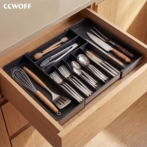 Extra Large Silverware Organizer, 9 Slot Expandable Kitchen Drawer Organizer, Utensil Holder, Heavy Duty Stainless Steel Frame Silverware Drawer Organizer, 8 Non-Slip Feet Included, BPA Free, Black - color: Black