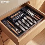 Extra Large Silverware Organizer, 9 Slot Expandable Kitchen Drawer Organizer, Utensil Holder, Heavy Duty Stainless Steel Frame Silverware Drawer Organizer, 8 Non-Slip Feet Included, BPA Free, Black - color: Black
