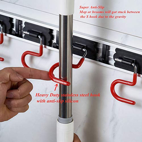 Wall Mounted Mop and Broom Holder Stainless Steel S Type Broom Rack Anti-Slip Mop Organizer (17 Inches,4 Positions 3 Hooks, Red black) (17inch) - size: 4 Positions