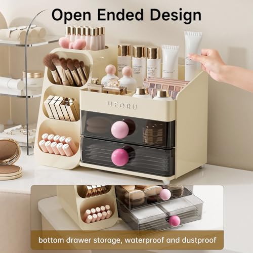 Makeup Organizer for Vanity with Brush Holder, Large Plastic Bathroom Countertop Skincare Organizer with 2 Drawers, Spacious Cosmetic Display Case for Perfumes, Eyeshadow Palettes, Nail Polishes - color: Cream White&Pink, size: Large