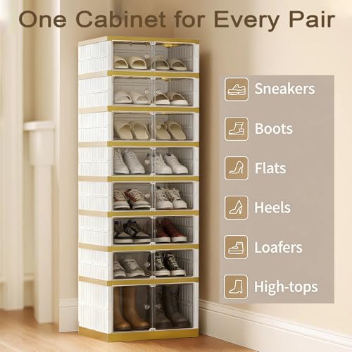 SYNCVIBE Foldable Shoe Rack Organizer Folding Shoe Boxes, 9 Tier 18 Pairs Storage Shoe Cabinet Collapsible Shoe Rack with Magnetic Clear Door Easy Assembly Shoe Cabinet with Wheels, White Gold - color: White and Golden, size: 9 Tier 18 Pairs