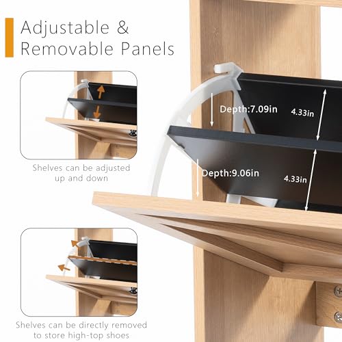 VDNEND Shoe Storage Cabinet for Entryway with 2 Flip Drawers，Narrow Shoe Cabinet with Soild Wood Legs，Freestanding Hidden Shoe Organizer for Foyer, Hallway (1, Natural Oak) - color: Natural Oak