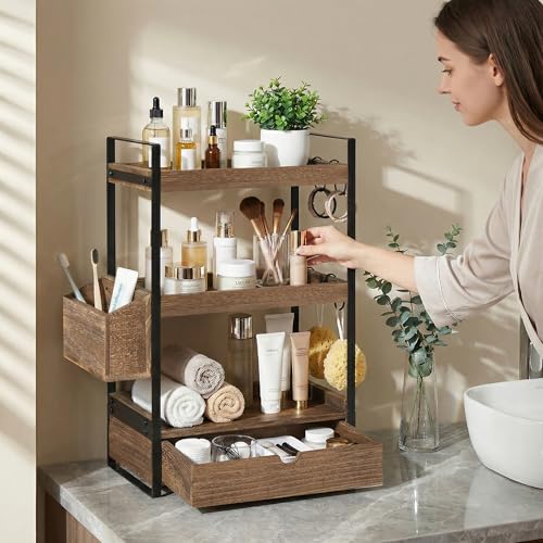 3-Tier Bathroom Counter Organizer with Drawer Basket and Hooks, Wood Bathroom Organizers and Storage for Countertop, Farmhouse Dark Brown Countertop Organizer, Counter Shelf for Vanity, Kitchen,Office - color: Brown