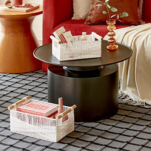 LA JOLIE MUSE Wicker Storage Baskets for Organizing, Recyclable Paper Rope Basket with Wood Handles, Decorative Hand Woven Basket Organizers for Makeup Books Shelves Living Room, White, Set of 2 - color: White
