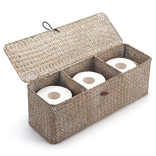 Whitewash Seagrass Tank Basket with Lid Woven Toilet Roll Storage Basket with Sections Rectangular for Organize Snack Toys (Large Compartment 16.5inch L x 5.5inch W x 5.5inch H) - color: Whitewash