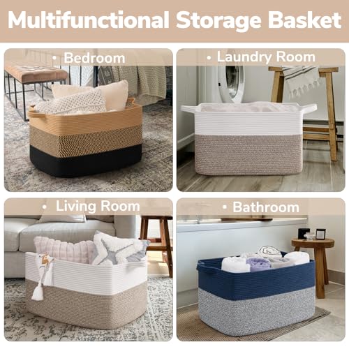 Goodpick Large Blanket Basket 22" x 17" x 12" Woven Storage Baskets for Organizing, Rectangle Baby Toy Storage Basket with Handles, Dirty Clothes Basket for Bedroom - color: Brown, size: 22"L x 17"W x 12"H