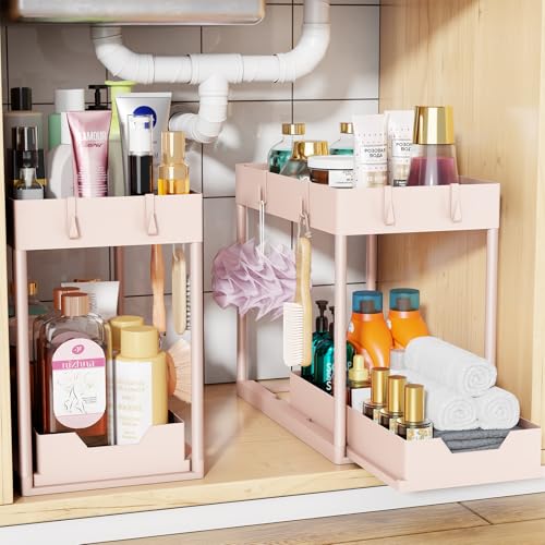 Simple Trending Under Sink Organizer 2 Pack, Sink Pull-Out Sliding Storage Cabinet, 2-Tier Under Shelf Organizer for Kitchen Bathroom, Pink - color: Pink, size: 2 pack