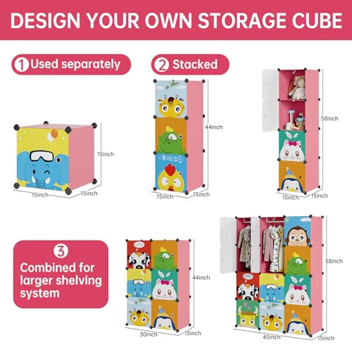 MAGINELS Children Wardrobe Kid Dresser Cute Baby Portable Closet Bedroom Armoire Clothes Hanging Storage Rack Cube Organizer,(Pink, 8 Cube & 2 Rod) - color: Pink, size: 12 Cube