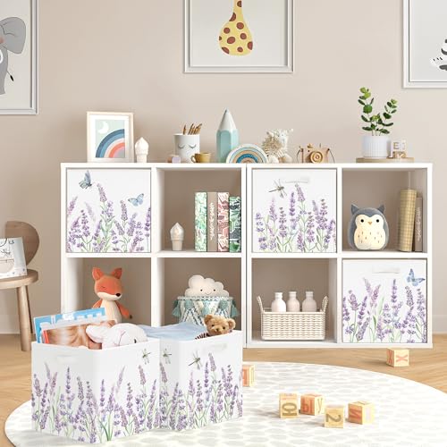 11.8" Wild Flower Storage Cube Organizer Set 3Pcs Clothes Storage Basket Bin for Closet Shelf Garden Butterfly Nursery Kid Room Book Toy Chest, Lavender - color: Lavender