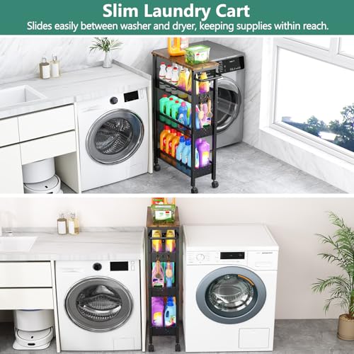 Vivihomety Utility Slim Storage Cart with Wheels, 4 Tier Small Rolling Cart with Wood Top, Metal Kitchen Bathroom Laundry Room Organization Trolley with Handle for Narrow Space – Black - color: Black, size: 7.1 inch wide