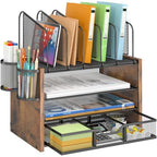 DAOUTIME 4-Tier Mesh Desk Organizer, Wooden Desk File Organizer with 5 Vertical File Holders and 2 Pen Holders, Desktop Organizers and Accessories with Drawer for Home Office - size: With Drawer
