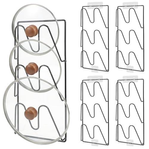 4 Pcs Pot Lid Organizer Rack, 12-Tier Adhesive Mount No Drilling Lid Holder for Cabinet Door and Wall, Rustproof Black Kitchen Storage Solution for Pots and Pans
