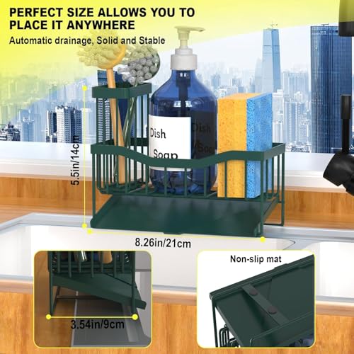 Fssvcd Maifan Sink Caddy Sponge Holder for Kitchen with Brush Holder and Stainless Steel Self Drain Tray, Rustproof Kitchen Sink Organizer for Sponge, Soap Dispenser Storage Accessories Dark Green - color: Dark Green