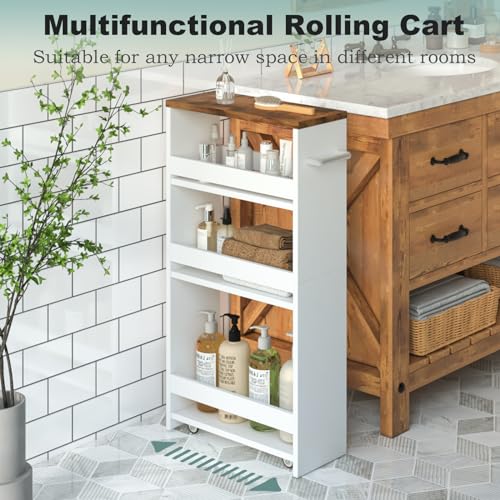 MARTY Rolling Storage Cart 4-Tier White Kitchen Cart with Wheels,Slim Storage Cart with Handle Slide Out Utility Cart Shelving Unit Organizer Trolley for Laundry Narrow Places Bathroom Small Corner - color: White, size: 5.51"D x 15.75"W x 31.5"H