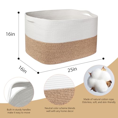 MEGASKET 108L Super Large Blanket Basket, 25" x 16" x 16" Woven Jumbo Basket for Blankets, Toys, Laundry, Extra Large Cotton Rope Pillow Holder Organizer, Entryway Shoes Bin, Living Room Storage - color: White & Brown, size: 25"x16"x16"