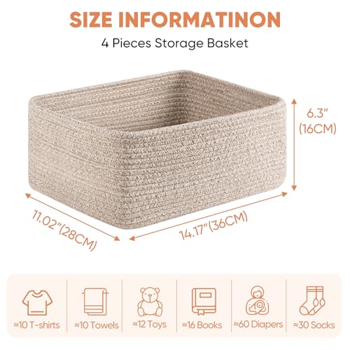 OIAHOMY 4 Pack 14.17*11.02*6.3IN Storage Baskets for Organizing Shelves, Woven Rope Baskets for Organizing Books, Clothes, Decorative Basket for Living Room, Nursery, Bedroom, Gift Basket, Brown - color: Brown