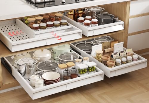 Seinloes 4 Pack Pull Out Cabinet Organizer With Raising Pad for Framed Cabinets,Expandable Width (13"-21") and Depth (17"-24"),3 Slide Rails Slide Out Drawers with Handle,No-Drill Roll Out Shelf,White - color: White, size: 13"-21"W x 17"-24"D(4Pack)
