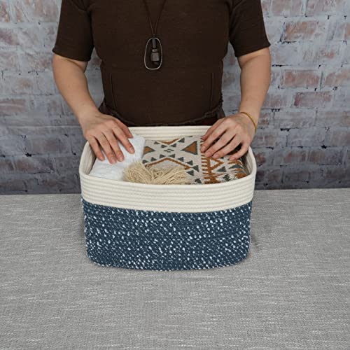 XUANGUO White and Blue Cotton Rope storage Basket Bins Woven Basket for Organizing Shelves 15X10X9.3“ Rectangle Decorative Baskets For storage Books Towels Wicker Nursery basket organizer Set of 3 - color: blue and white